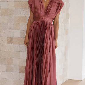 Dusky Pink V-Neck Pleated Midi Dress - Elegant Cocktail Wear