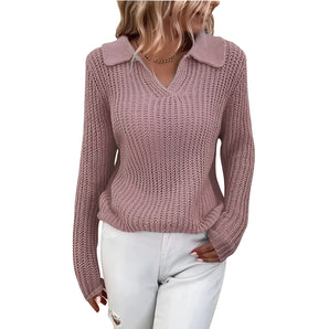 Dusty Pink Women's V-Neck Ribbed Knit Sweater with Collar