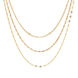 Elegant 18K layered gold multi-strand necklace displayed on a black background, showcasing delicate craftsmanship and fashion-forward design.