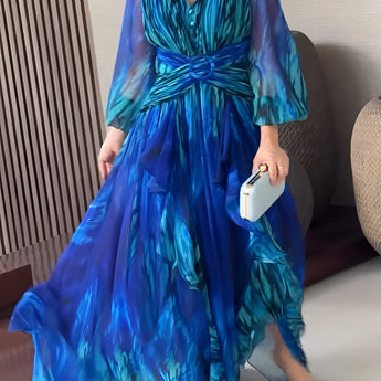 Elegant 2024 Women's Chiffon Maxi Dress in Blue Green, featuring sheer sleeves and a flowing, lightweight design with a flattering waistline, suitable for daywear.