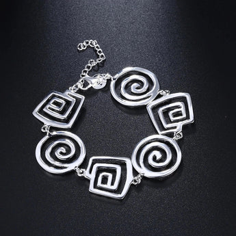 Elegant 925 Sterling Silver Geometric Bracelet with Adjustable Clasp featuring interlocking circles on a metal chain.