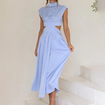 Elegant black midi dress featuring a sophisticated back cutout design, with a focus on its form-fitting silhouette that highlights the shoulders and waist, suitable for evening wear.