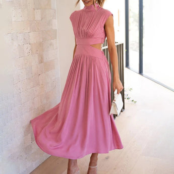 Elegant black midi dress with a back cutout design, featuring a fitted waist, long sleeves, and a sophisticated neckline, suitable for evening wear or formal occasions.
