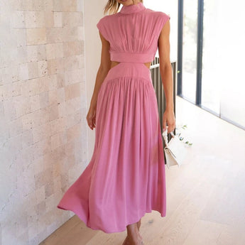Elegant black midi dress with a back cutout design, featuring a fitted silhouette, defined waist, and elegant sleeves, suitable for evening wear.