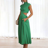 Elegant back-cutout black midi dress with short sleeves, showcasing a fitted waist and stylish neckline, designed for evening wear.