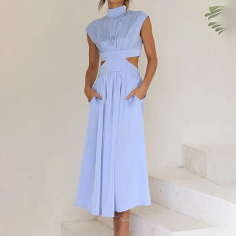 Elegant black midi dress with a stylish back cutout, featuring a fitted waist and short sleeves, designed for evening wear.