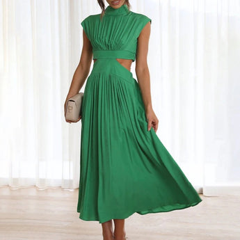 Elegant back-cutout black midi dress with a sophisticated design, featuring a fitted waist, stylish shoulders, and long sleeves, suitable for evening wear.