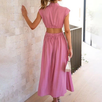 A black midi dress designed for evening wear, featuring an elegant back cutout, fitted waist, and short sleeves.