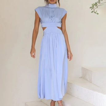 Elegant black midi dress featuring a back cutout design, suitable for evening wear. The dress has a fitted waist, short sleeves, and a modest neckline, perfect for formal occasions or bridal parties.