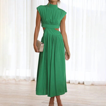 Elegant black midi dress with a back-cutout design, featuring a fitted waist, short sleeves, and a round neckline, suitable for evening wear.