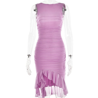 Elegant black asymmetric ruffle hem cocktail dress in Viola color, featuring a sheath silhouette and a stylish one-piece design with sleeves, perfect for a sophisticated evening look.