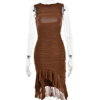
Elegant black asymmetric ruffle hem cocktail dress displayed on a mannequin, featuring a sheath silhouette and long sleeves, suitable for formal or cocktail occasions.