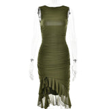 Elegant military green asymmetric ruffle hem cocktail dress with a sleek sheath silhouette, designed with a fitted waist and short sleeves, ideal for formal events.