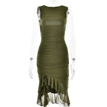 Elegant military green asymmetric ruffle hem cocktail dress with a sleek sheath silhouette, designed with a fitted waist and short sleeves, ideal for formal events.