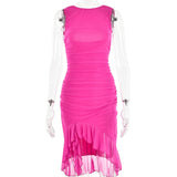 Elegant pink asymmetric ruffle hem cocktail dress in a sheath style, with sleeves and fitted waist, displayed on a mannequin.