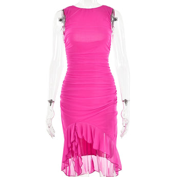 Elegant pink asymmetric ruffle hem cocktail dress in a sheath style, with sleeves and fitted waist, displayed on a mannequin.