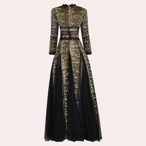 Elegant black and gold embroidered lace evening gown maxi dress with intricate detailing, featuring a fitted waist, stylish neckline, and elegant sleeves, ideal for formal occasions.
