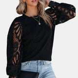 Elegant black lace sleeve sweater for women, featuring intricate lace detailing along the arms, designed as a fall fashion top, shown in a black color and extra-large size.
