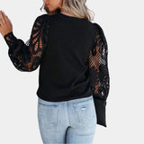 Elegant black lace sleeve sweater for women, featuring intricate lace detailing on the sleeves, a stylish neckline, and designed for fall fashion.