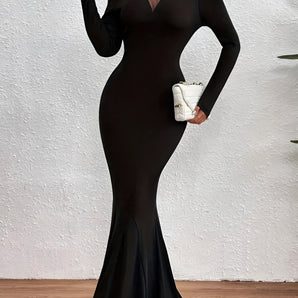 Elegant Black Mermaid Dress - Long Sleeve V-Neck Fishtail Gown