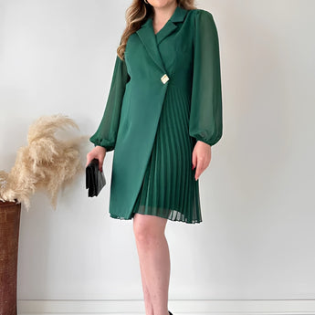 Elegant black pleated mini dress with long sleeves and a sophisticated collar, designed for an office chic look.