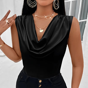 Elegant black satin V-neck blouse in Nero color, size 2XL, featuring a chic design suitable for an office setting. The blouse has long sleeves and a tailored fit that accentuates the waist.