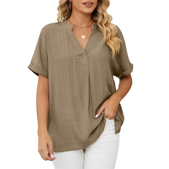 Elegant Black V-Neck Linen Blouse for Women, featuring short sleeves and a casual summer design, displayed in khaki color size 2XL.