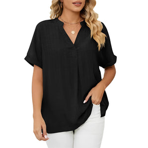 Elegant black V-neck linen blouse for women, casual summer top in size 2XL, displayed on a mannequin showing details of the sleeves and neckline.