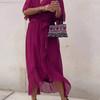 Elegant Burgundy V-Neck Wrap Midi Dress in 5XL, featuring short sleeves and a fitted waist, styled for a sophisticated summer look.