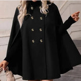 Elegant black women's hooded cape coat with a stylish design, featuring a sleek and fashionable silhouette perfect for winter wear.