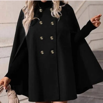 Elegant black women's hooded cape coat with a stylish design, featuring a sleek and fashionable silhouette perfect for winter wear.