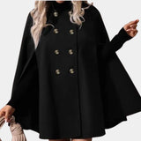 Elegant black women's hooded cape coat with a stylish design, featuring a high collar and full sleeves, perfect for winter outerwear.