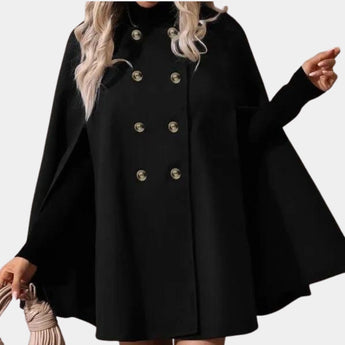 Elegant black women's hooded cape coat with a stylish design, featuring a high collar and full sleeves, perfect for winter outerwear.