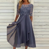 Elegant blue lace top evening dress with a high-low skirt in Viola color, designed for plus size (3XL). The dress features a delicate lace top, fitted waist, and flowing asymmetric skirt, creating a sophisticated silhouette perfect for formal occasions.