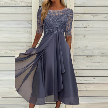 Elegant blue lace top evening dress with a high-low skirt in Viola color, designed for plus size (3XL). The dress features a delicate lace top, fitted waist, and flowing asymmetric skirt, creating a sophisticated silhouette perfect for formal occasions.