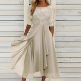 
An elegant blue lace top evening dress featuring a high-low skirt. The dress is in a beige color and is available in a 3XL size. The design includes intricate lace detailing on the shoulders and neckline, with long sleeves and a defined waist.