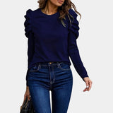 Marine blue sweater with ruched sleeves, puffed shoulders, and a slim fit design in 3XL size, showcasing a stylish and elegant look.