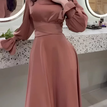 Elegant copper satin evening gown featuring a belted waist and puffed sleeves in a coffee color, size 2XL. The dress showcases a sophisticated fashion design suitable for special occasions.