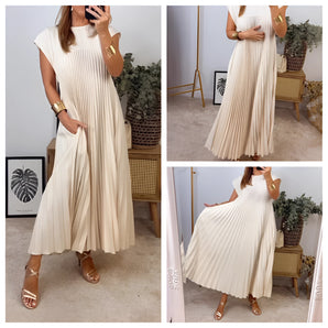 Elegant cream sleeveless maxi dress with a flowy summer pleated design in beige, size 3XL, displayed on a mannequin.