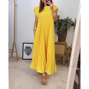 Elegant cream sleeveless maxi dress with pleated design, shown in yellow color and 3XL size, featuring a flowy silhouette perfect for summer.