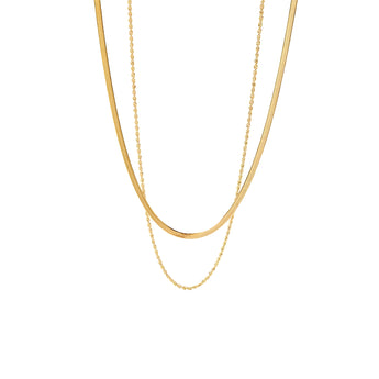 Elegant double-layered gold necklace with minimalist and delicate design, featuring fine chains and small circular pendants.