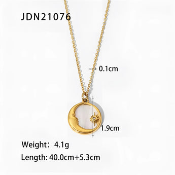 Elegant gold necklace featuring a mother of pearl sunburst pendant, adorned with a Hamsa charm and celestial accents of a crescent moon and star.