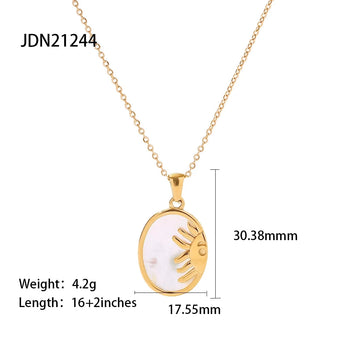 Elegant gold mother of pearl sunburst necklace featuring Hamsa and celestial charms, displayed on a delicate gold chain.