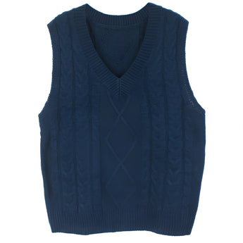 Elegant gray cable knit men's sleeveless wool sweater vest displayed on a white background, highlighting the intricate knit pattern and the soft woolen texture.