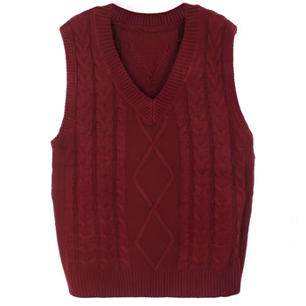 Elegant gray cable knit men's sleeveless wool sweater vest displayed on a mannequin, showcasing the intricate knit pattern and classic collar, with a neutral background highlighting the vest's stylish design.