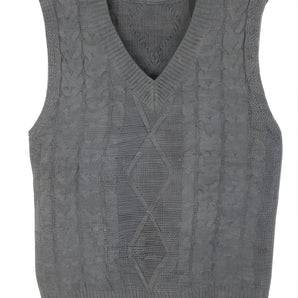 Elegant gray cable knit sleeveless men's wool sweater vest featuring a woven pattern design.