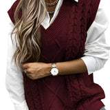 Elegant gray cable knit men's sleeveless wool sweater vest in Bordeaux color, shown in XXL size, worn over a white dress shirt.