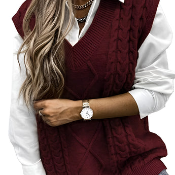 Elegant gray cable knit men's sleeveless wool sweater vest in Bordeaux color, shown in XXL size, worn over a white dress shirt.