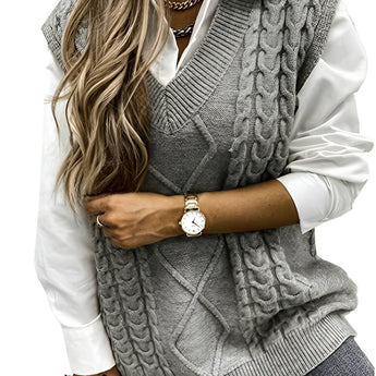 Elegant gray cable knit men's sleeveless wool sweater vest in size XXL, worn with a white shirt and black sunglasses, showcasing a stylish and fashionable outerwear look.