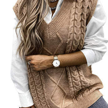 Elegant gray cable knit men's sleeveless wool sweater vest in khaki, size XXL, displayed over a black dress shirt, highlighting the vest's texture and fashion-forward design with a focus on the shoulder and neck areas.